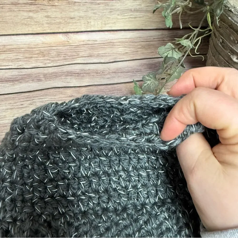 Chunky Gray Knit Messy Bun Beanie, Reflective threading.